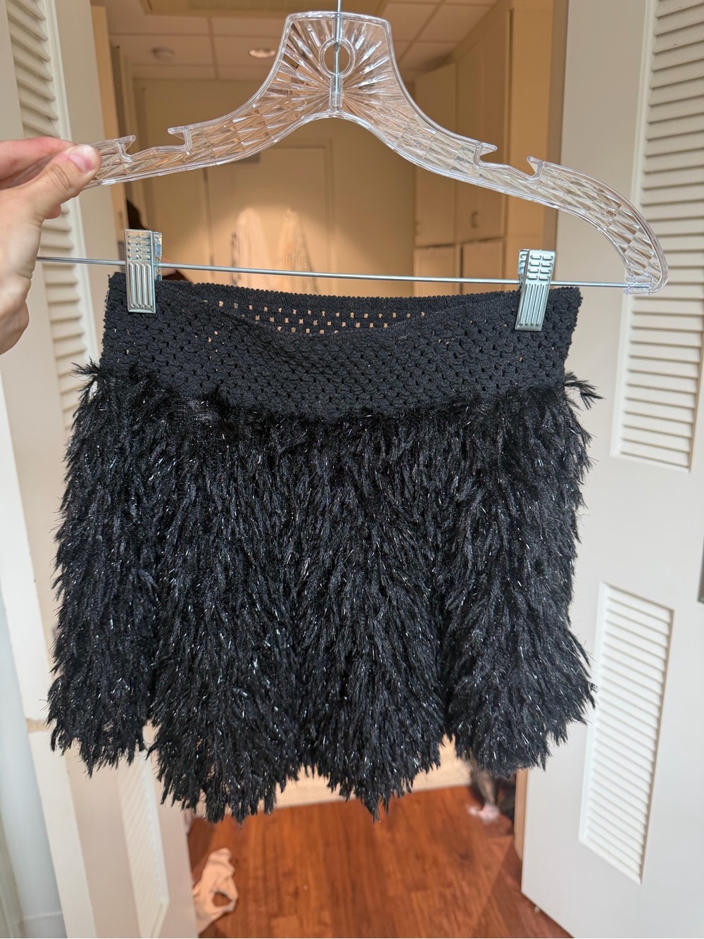Black Feather-Look Mini Skirt with Textured Waistband